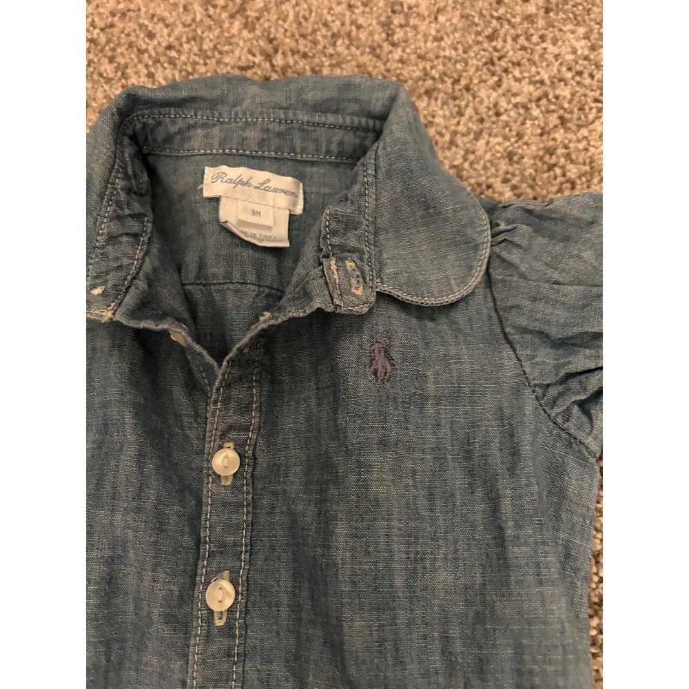 Ralph Lauren Baby Girls Blue Chambray Drop Waist Dress 9M Short Sleeve Pony Logo
